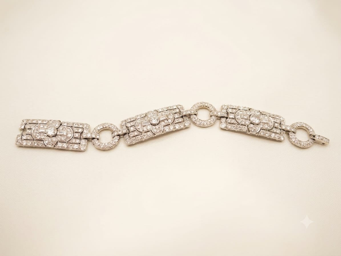 Bracelet articulé Art Déco en platine pavé de diamants, vers 1930